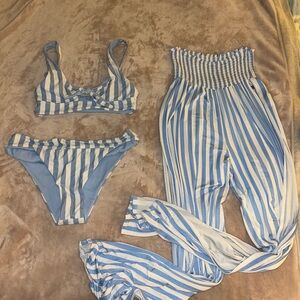 LEVITATE Striped Blue & White Two-Piece Swim Set with Matching Pants